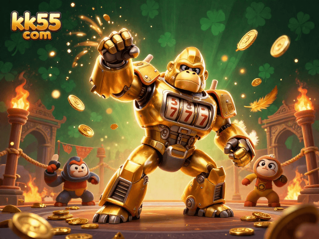 Experience thrilling jackpots with the golden gorilla mech in a dynamic kk55 com casino scene.