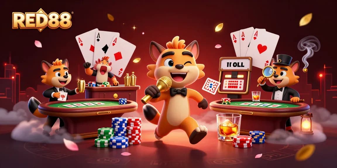 Hyenas entertain at RED88 casino club with vibrant elements of poker and drinks.
