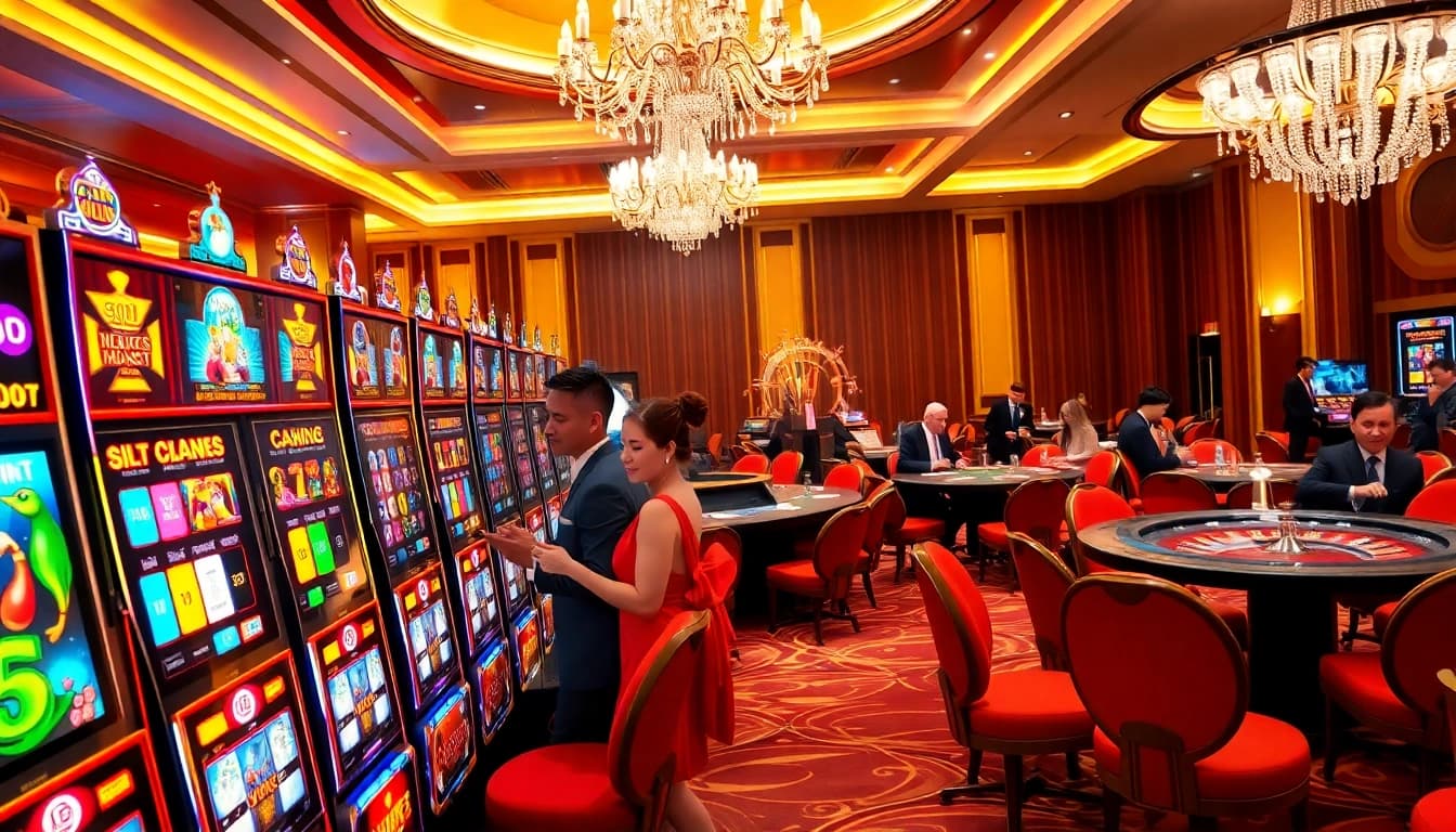 Engaging players enjoying slot gacor hari ini at a luxurious casino with vibrant machines.