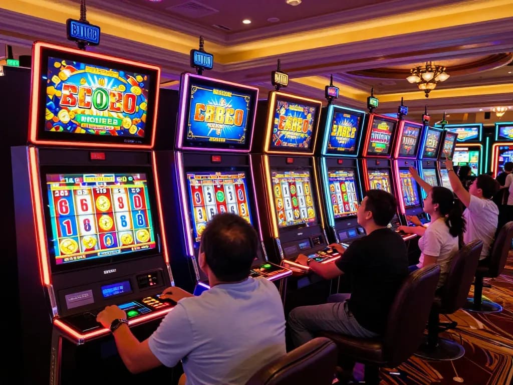 Players at colorful slot machines enjoy winning spins with SpinAdvisor's expert recommendations.