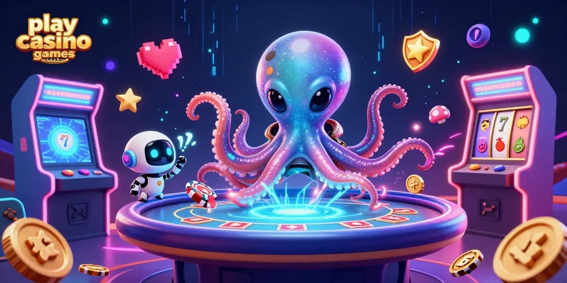 Play casino games online with a colorful 3D alien octopus at a holographic poker table surrounded by vibrant game elements.