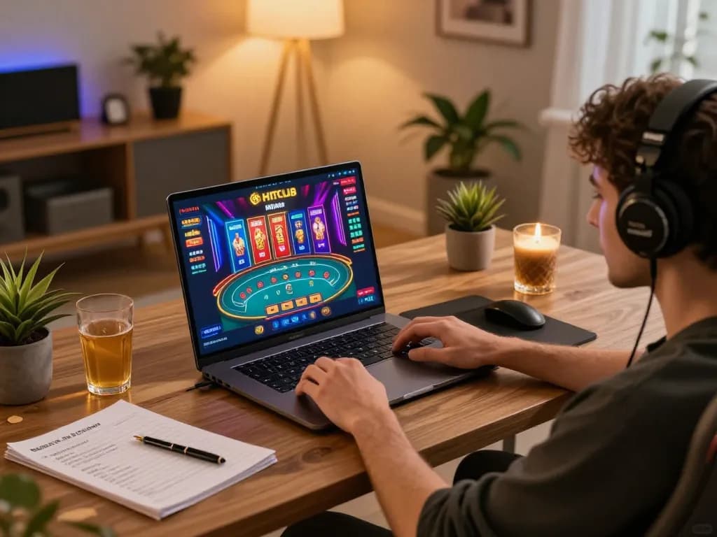 Player engaging in exhilarating gameplay on Hitclub, showcasing vibrant game graphics and a cozy home setup.