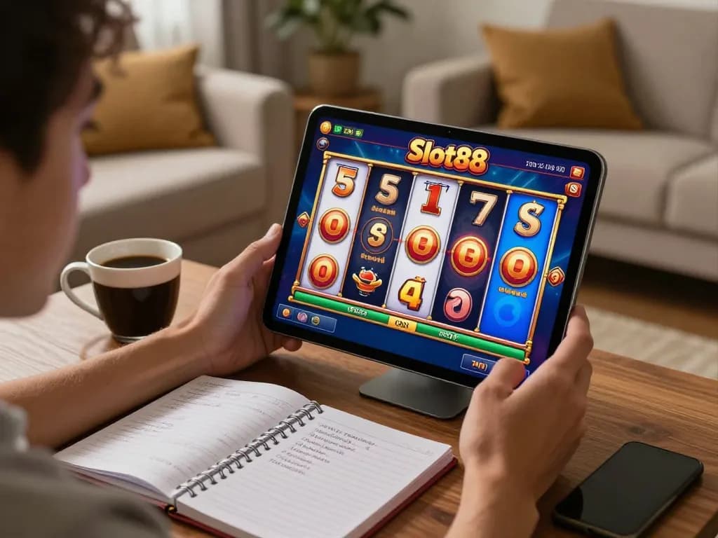 Player engaged in Slot88 game on smartphone with vibrant reels and strategic notes nearby.