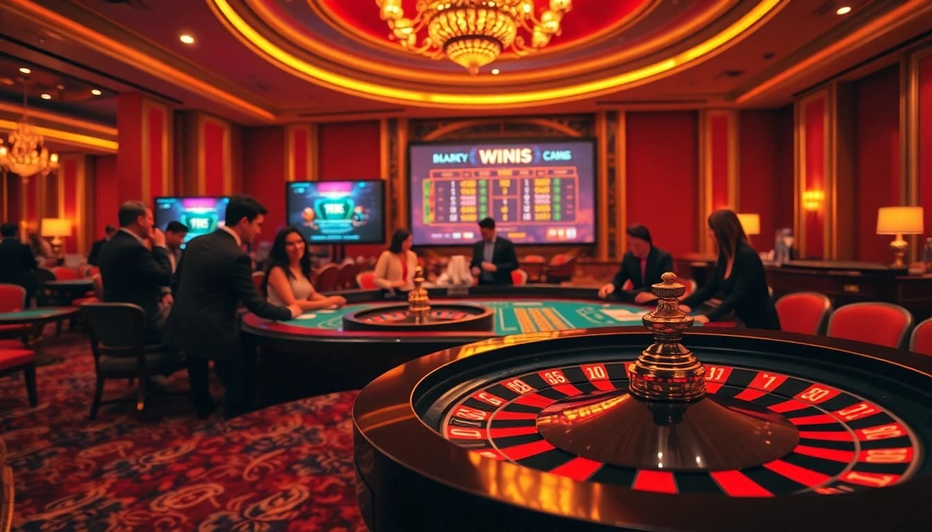 Engaging casino scene with players around KK55 themed roulette and blackjack tables enhancing the excitement.