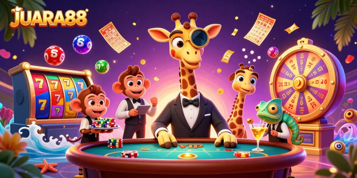 Join the excitement at JUARA88 with a high-roller giraffe, poker action, and thrilling game elements