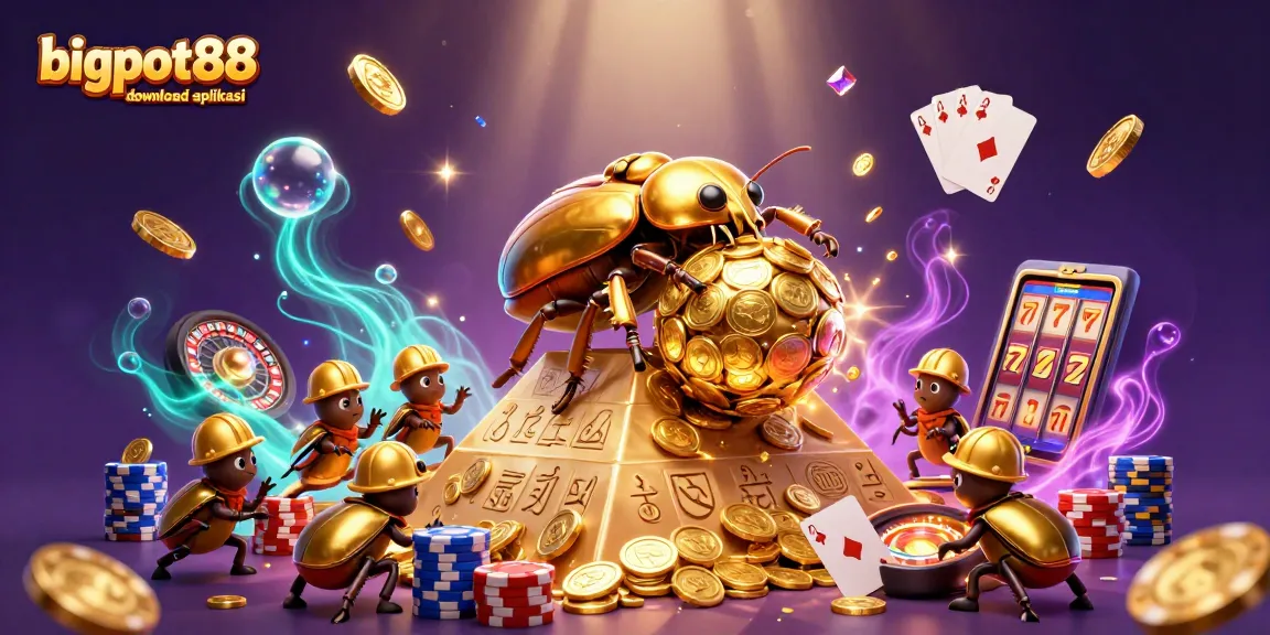 Experience a thrilling scene with bigpot88 download aplikasi, showcasing a golden beetle in a vibrant casino atmosphere.