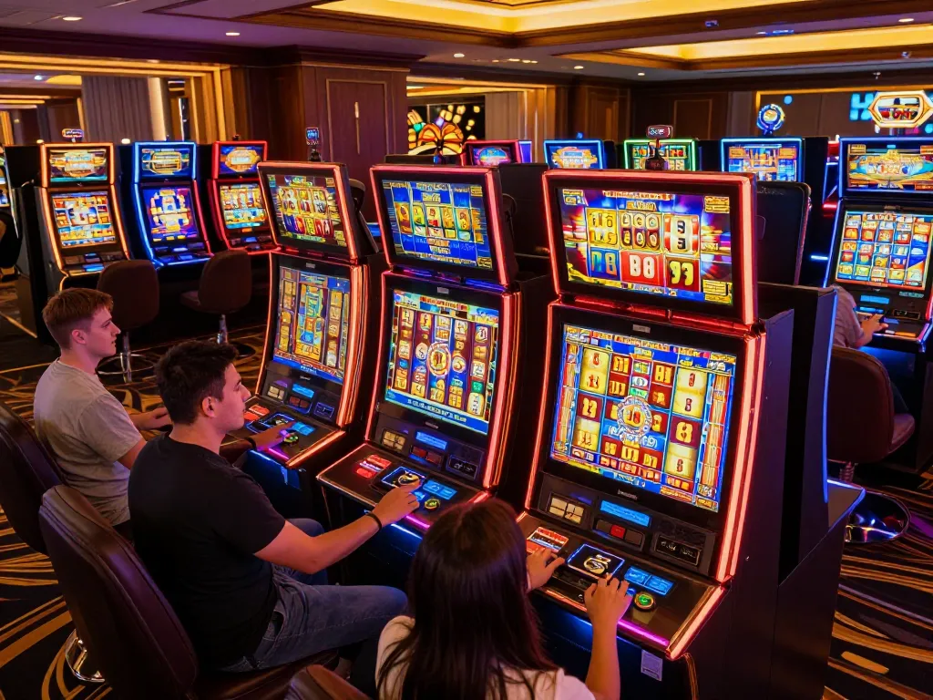 Players enjoying slot gacor gameplay at colorful modern casino with vibrant lights and engaging environment