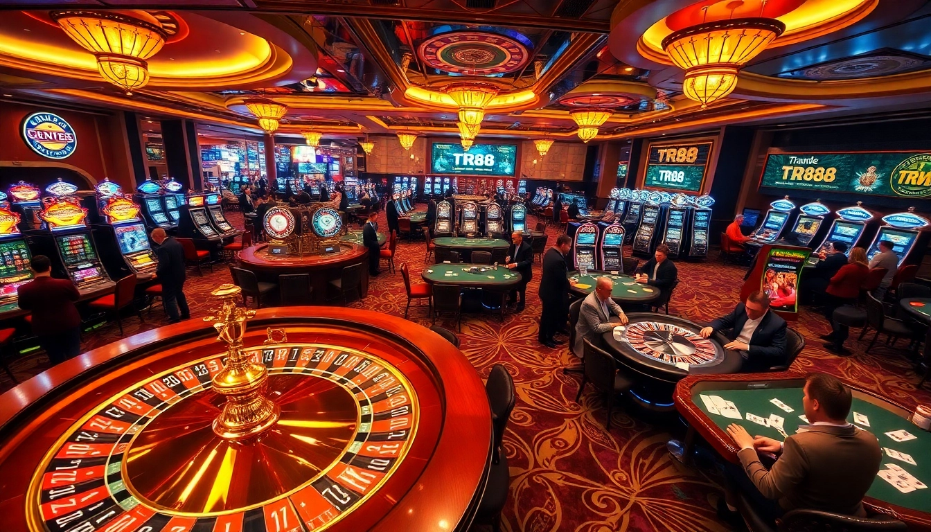 Players enjoying intense gaming action at the casino with TR88 prominently displayed on a digital screen.