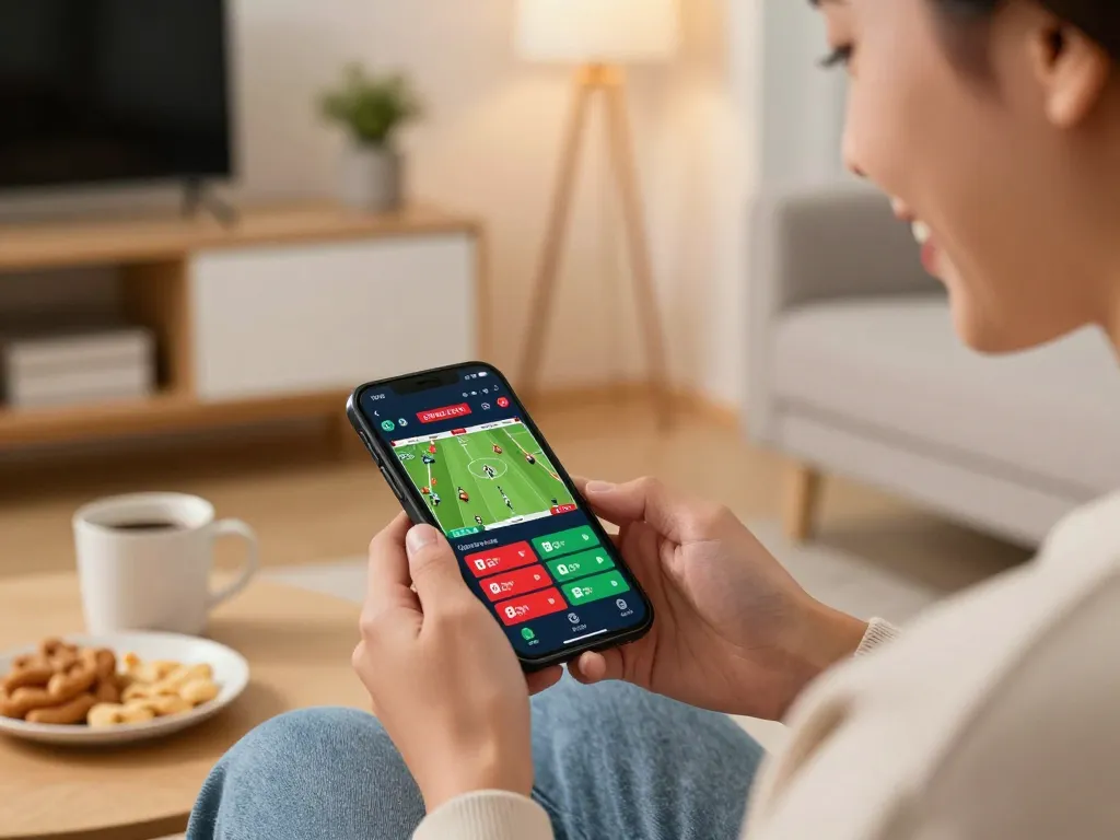 56WIN user placing bets on mobile sports app, enjoying a comfortable home gaming experience