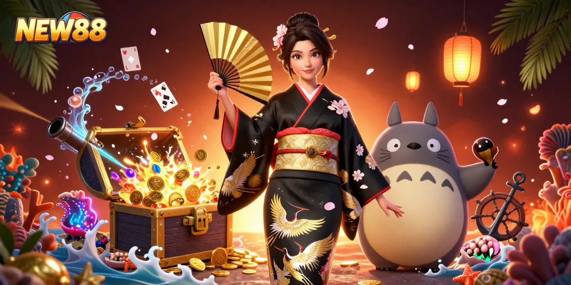 Engage in thrilling game action at NEW88 with a vibrant casino-themed illustration featuring an elegant Asian woman and a cartoon tanuki.