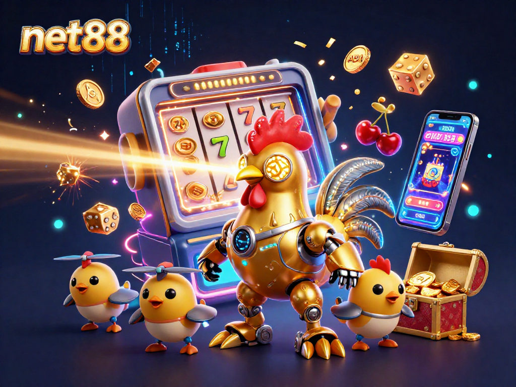 Engage in thrilling gameplay with net88's colorful 3D casino-themed illustration featuring a golden rooster robot and exciting game elements.