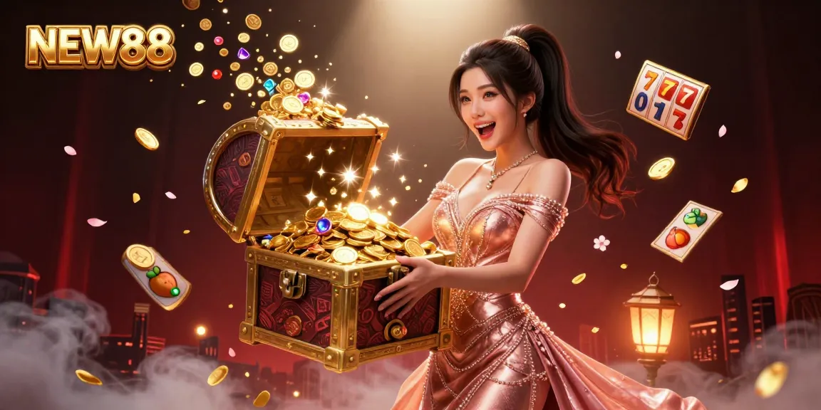 Experience the excitement of NEW88 with a spectacular treasure chest overflowing with riches, showcasing vibrant slot symbols.