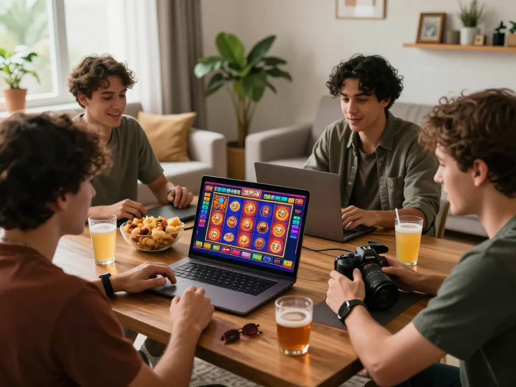 Excited players enjoying slot gacor games on a laptop, surrounded by snacks in a cozy living room.