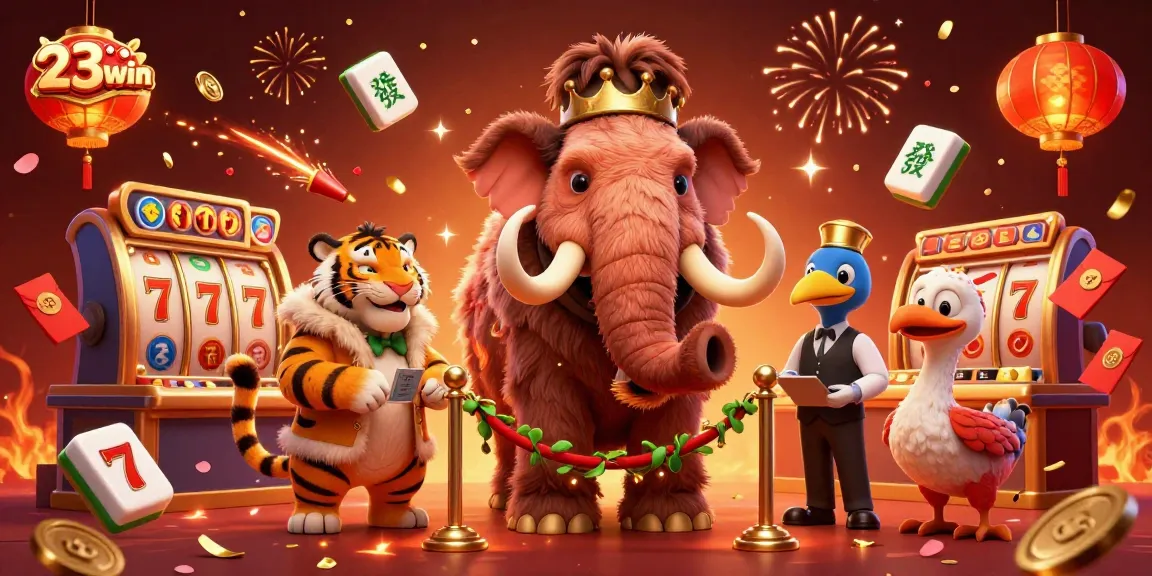 The 23win casino features a woolly mammoth bouncer and a saber-tooth tiger VIP interacting in a vibrant scene packed with slot and jackpot elements.