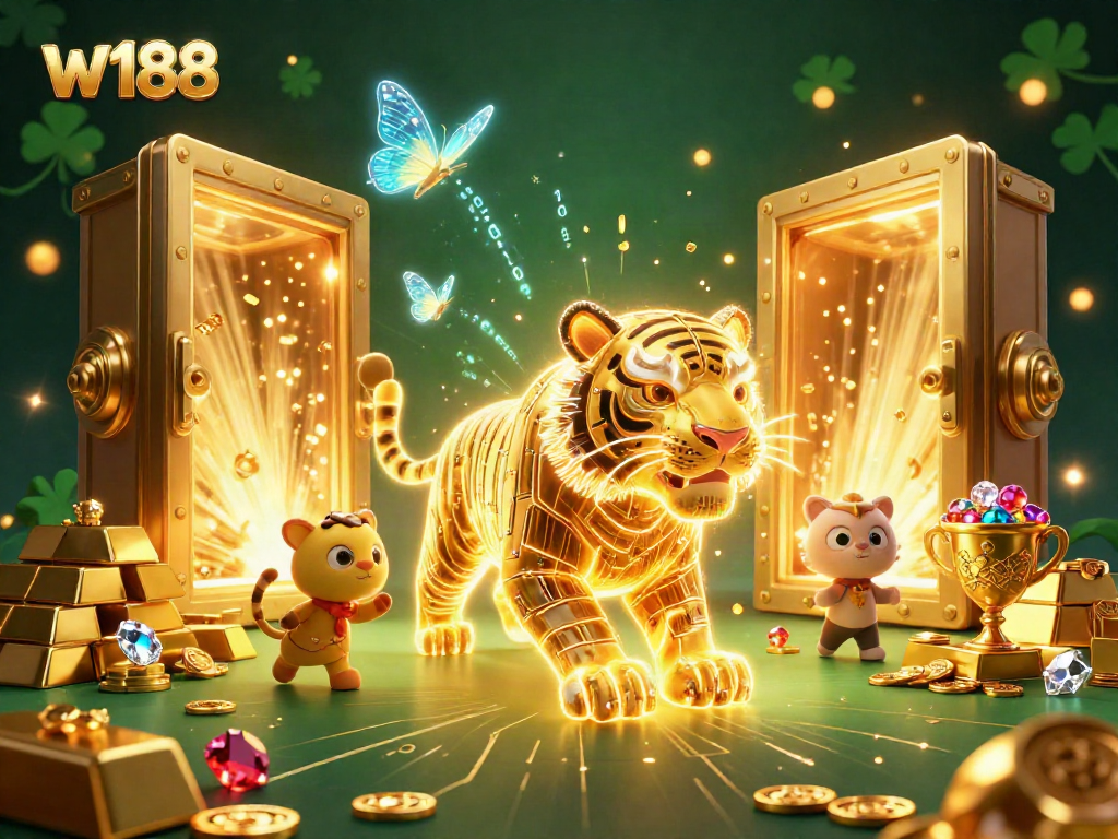 Experience the vibrant energy of w188 in this 3D illustration of a golden tiger roaming a casino, surrounded by treasure.