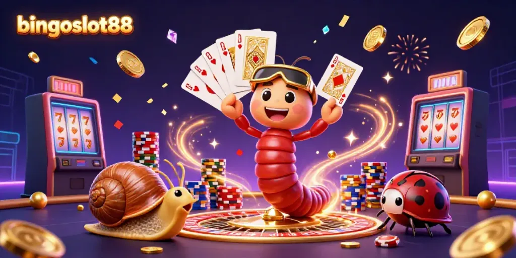 Bingoslot88 menghadirkan dealer seru dengan permainan kartu dan tumpukan chip besar di latar belakang yang megah.