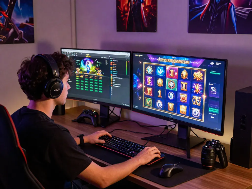 Player focused on slot game in immersive online gaming environment.