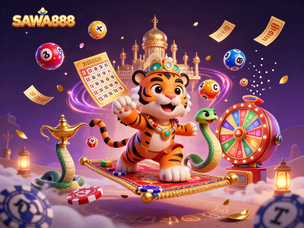 SAWA888 showcases an enchanting 3D casino scene featuring a sultan, genie, and vibrant lottery elements.