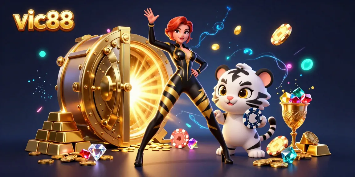 Experience thrilling action at vic88 with vibrant casino elements and stunning visuals of a woman and tiger.