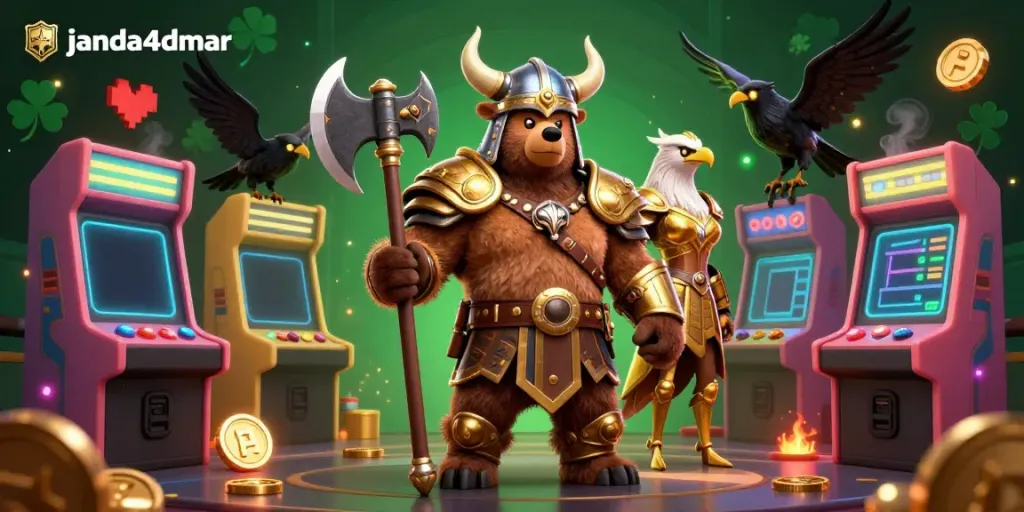 Permainan janda4dmar yang menarik dengan Viking kartun dan mesin arcade 3D yang berkilauan.