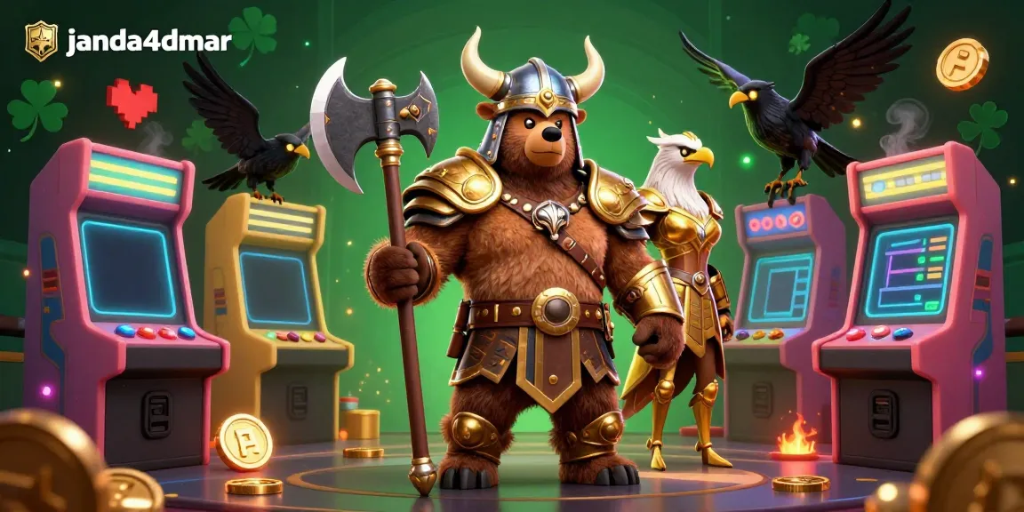 Permainan janda4dmar yang menarik dengan Viking kartun dan mesin arcade 3D yang berkilauan.