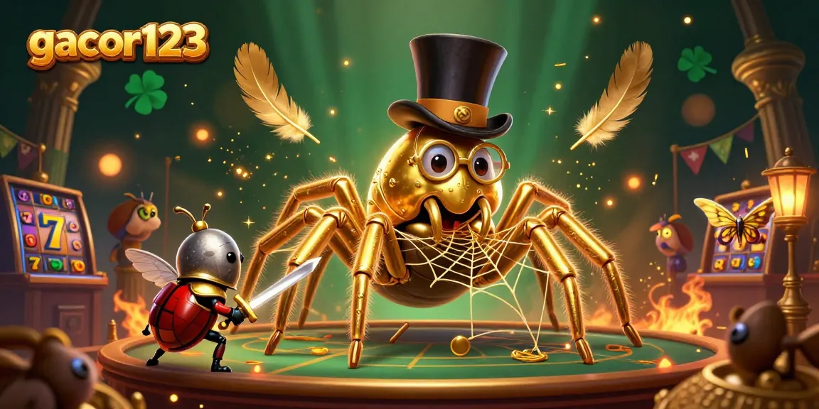 Engage in the exciting atmosphere of gacor123 as a golden tarantula weaves a golden web in a vibrant casino setting.
