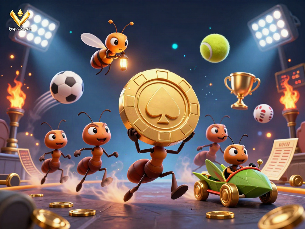 Wildly visualize lyspackaging's casino adventure with ants and sports elements in a vibrant heist.