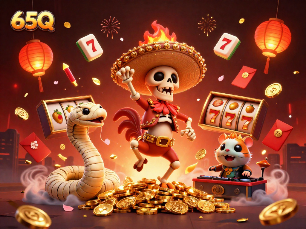 Ilustração vibrante de 65Q com um galo mariachi dançando entre moedas douradas e símbolos de caça-níqueis.