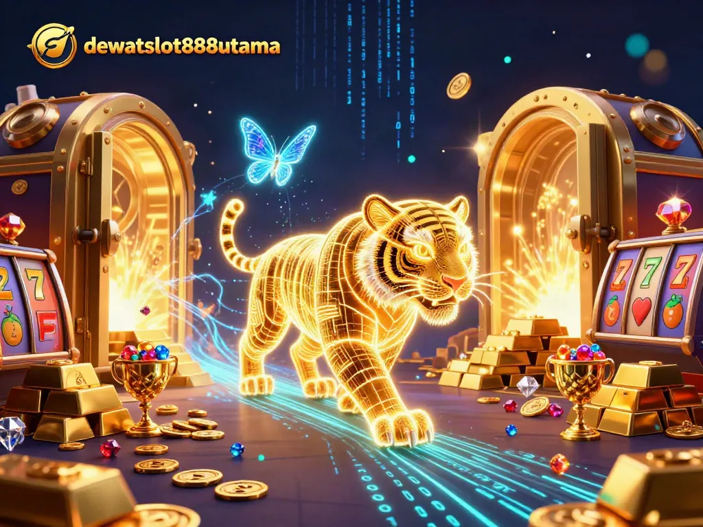 Menghadirkan pengalaman bermain dengan dewataslot888utama melalui ilustrasi kasino yang menakjubkan dengan harimau emas dan simbol slot.