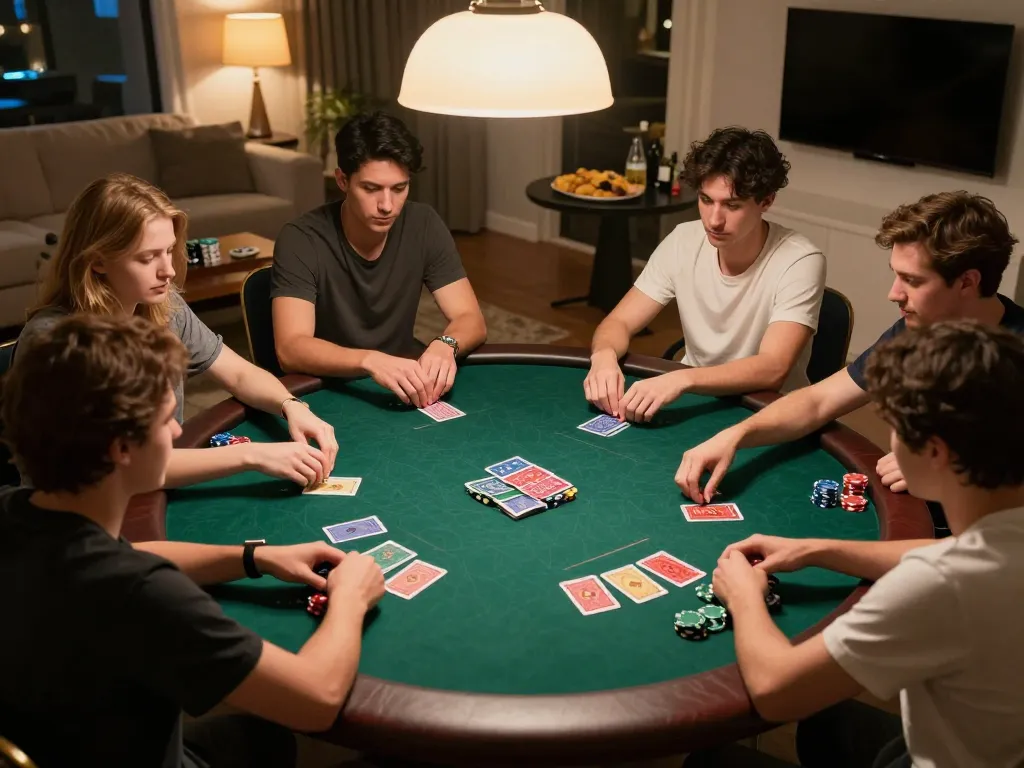 Friends enjoying a lively poker night on Domino88 with cards and chips actively in play