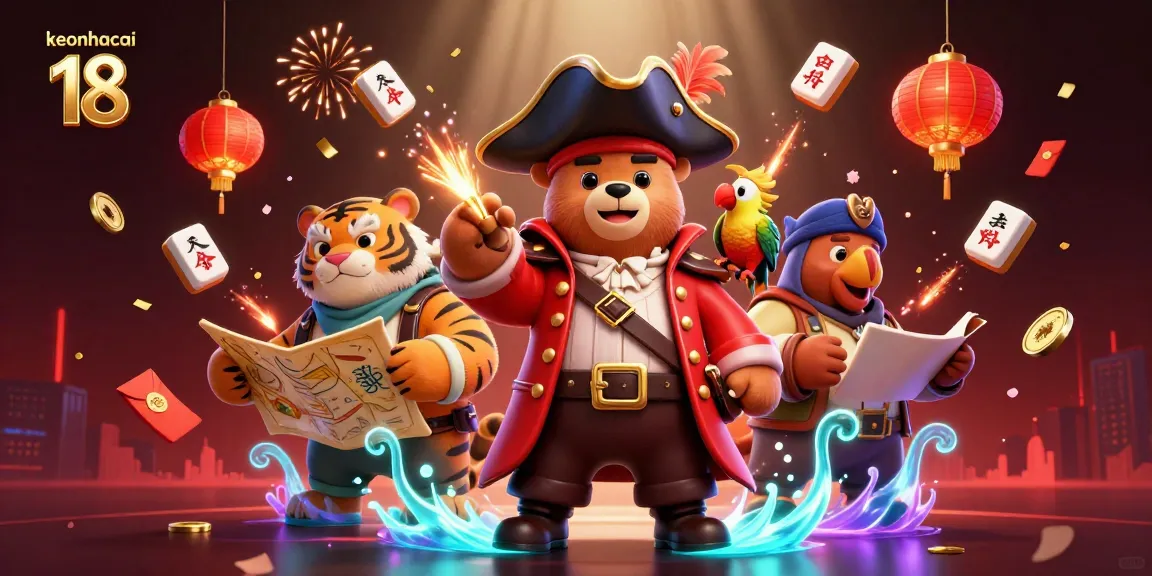 Engage in thrilling experiences at keonhacai 18 with a vivid 3D depiction of a pirate captain and friends amidst gambling elements.