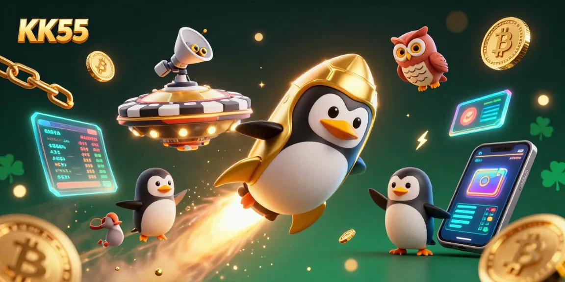 Experience the excitement of KK55 with a vibrant gambling-themed digital illustration showcasing a golden penguin and crypto elements.