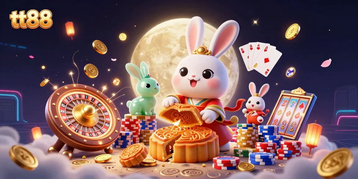 Experience the thrill at tt88 with a vibrant 3D illustration of a moon rabbit surrounded by rich gaming elements.