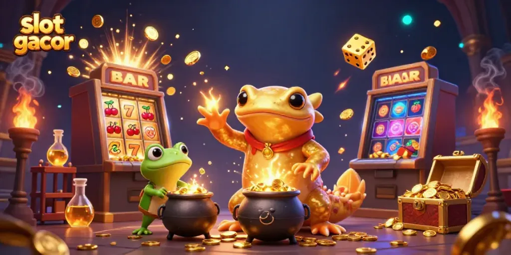 Experience the excitement of slot gacor with a magical scene bursting with gold and casino thrills.