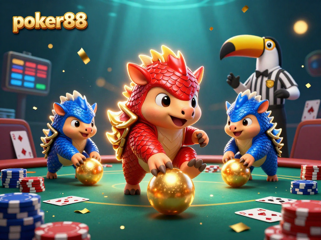 Dalam permainan poker88, pangolin rival melempar bola emas di tengah kerumunan chip poker dan kartu.