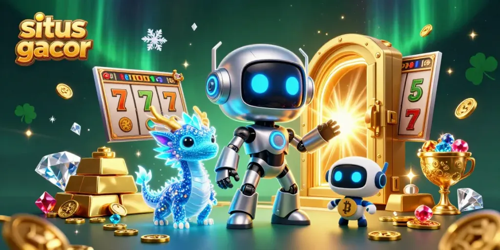 Gambar karakter robot dan naga holografik dalam permainan situs slot gacor.