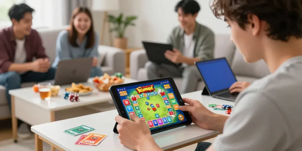 Engaging young adult playing Rumble Rummy on smartphone in a cozy setting