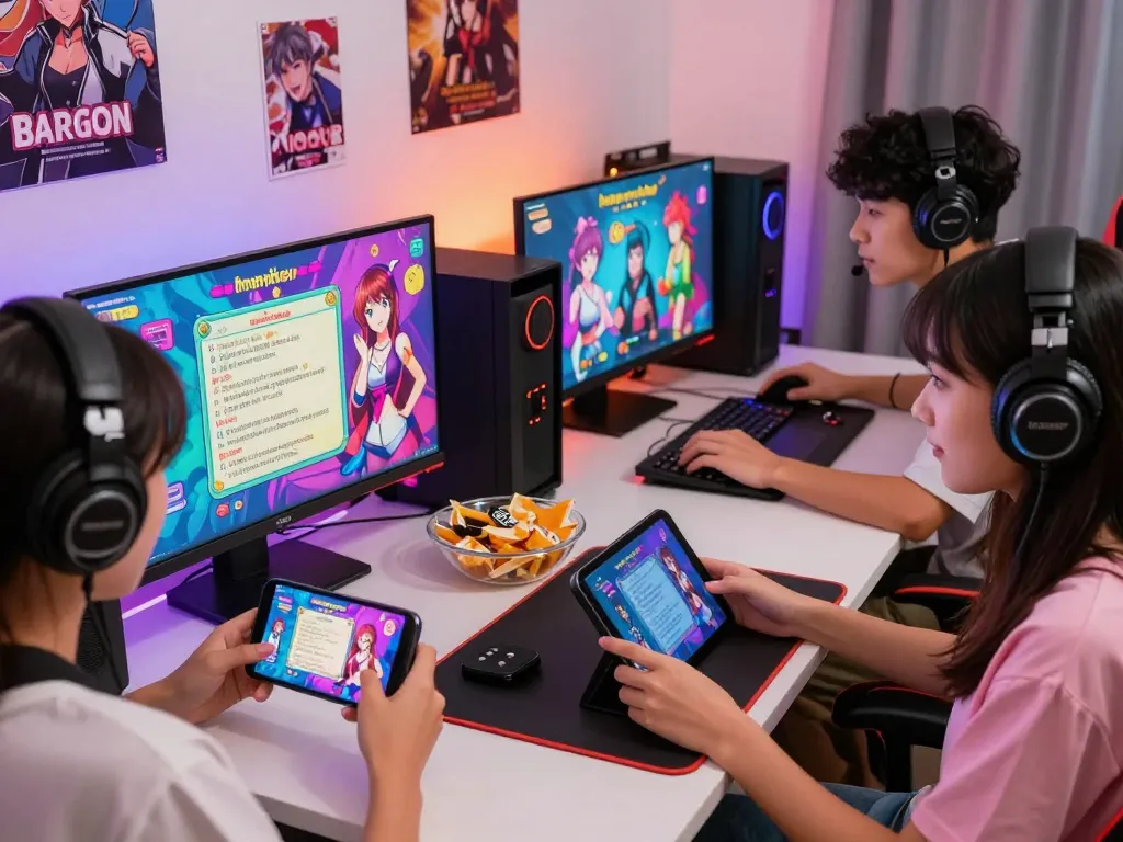 Group of gamers enjoying a sex game on various devices in a cozy gaming room.