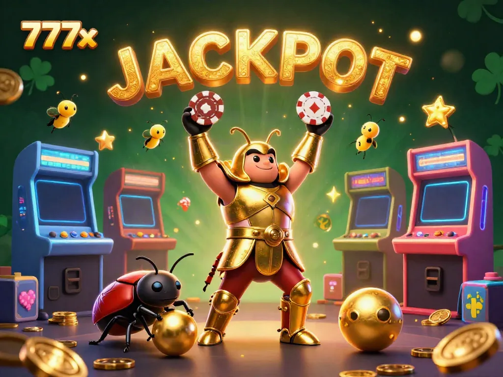 Experience the thrill of winning with 777x, where a gladiator beetle celebrates a jackpot victory in a vibrant casino