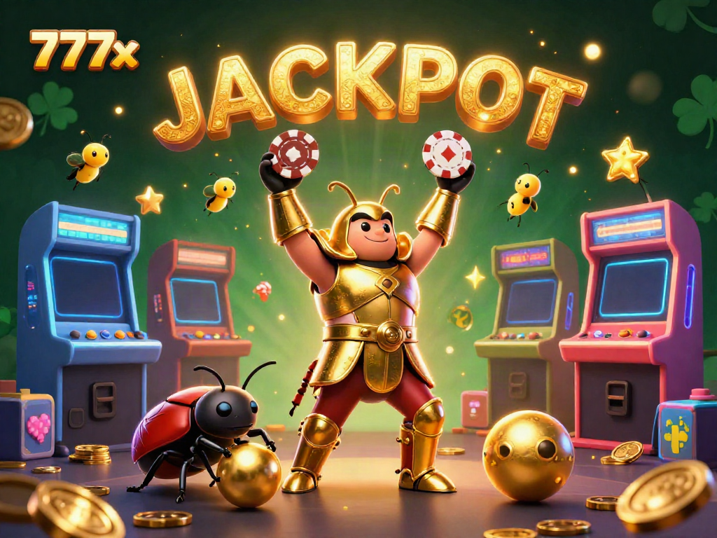 Experience the thrill of winning with 777x, where a gladiator beetle celebrates a jackpot victory in a vibrant casino