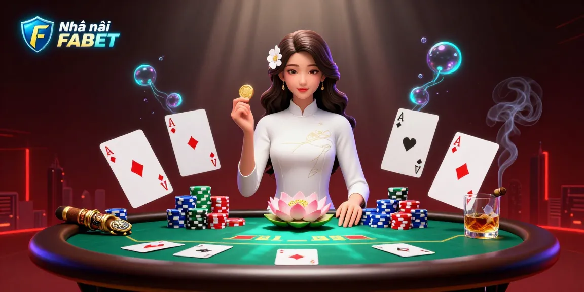 Engage with Nhà cái FABET in this vibrant casino scene showcasing poker elements and an elegant character.