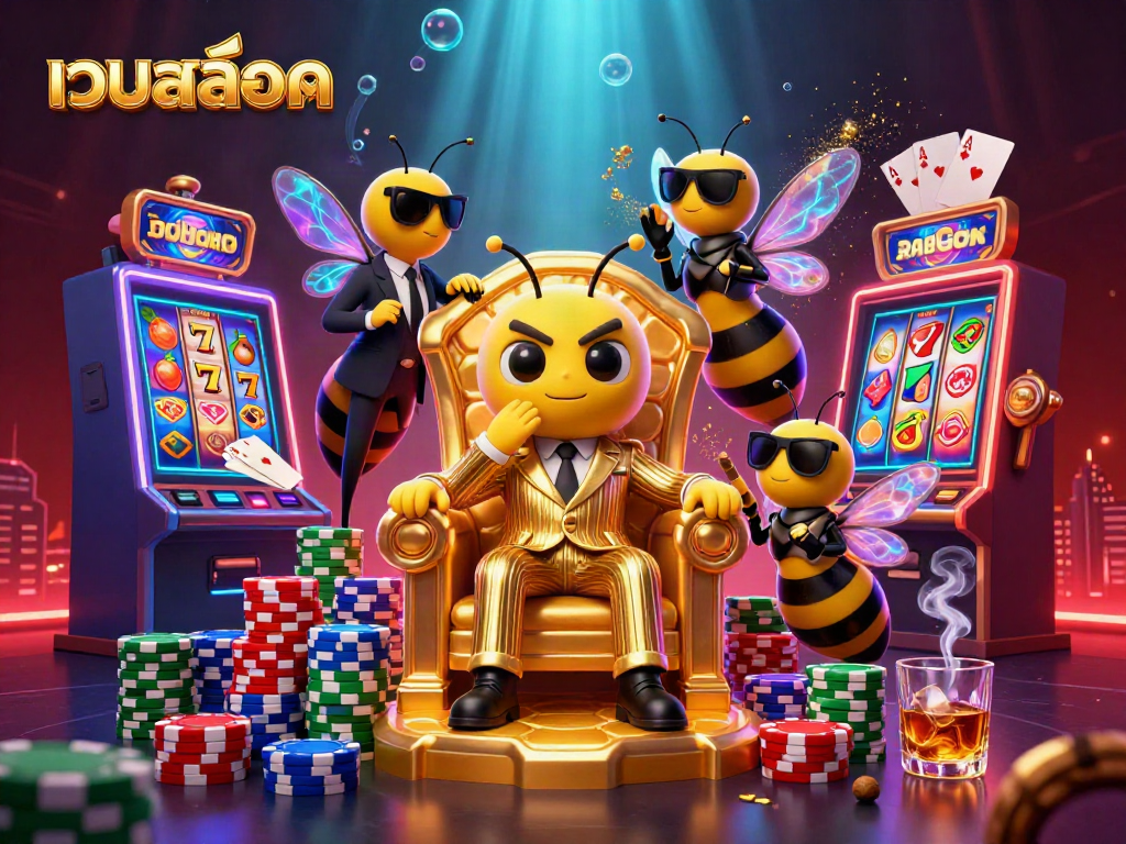 Watch the buzzing bumblebee mob boss in เว็บสล็อต orchestrate thrilling slot spins in a vibrant casino scene.