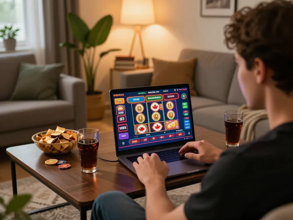 Engaging in online casinos in Canada from home, showcasing dynamic gameplay on a laptop.