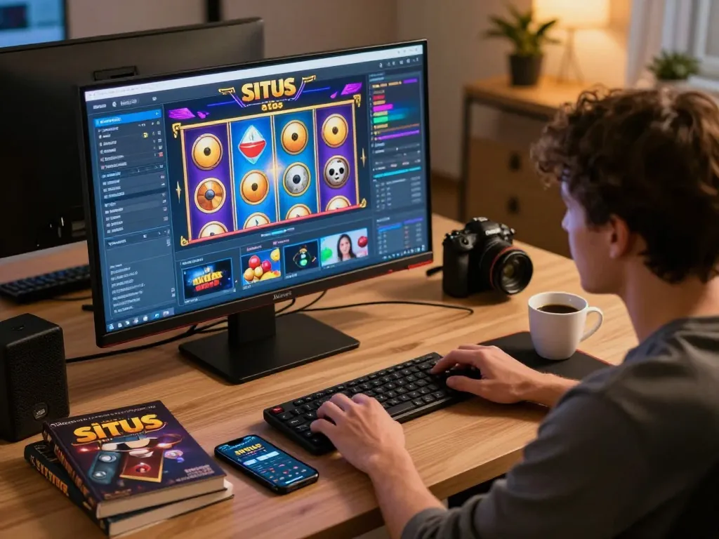 Engaged player exploring situs slot game on a modern screen, surrounded by strategy tools.