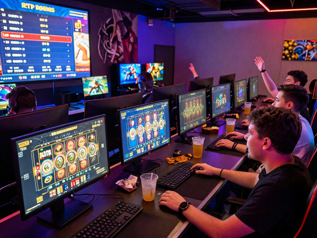 Players enjoying rokok88 online slots in a vibrant gaming setup.