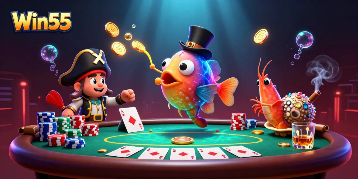 Win55 brings excitement as anglerfish and pirate shrimp play poker surrounded by vibrant casino elements.