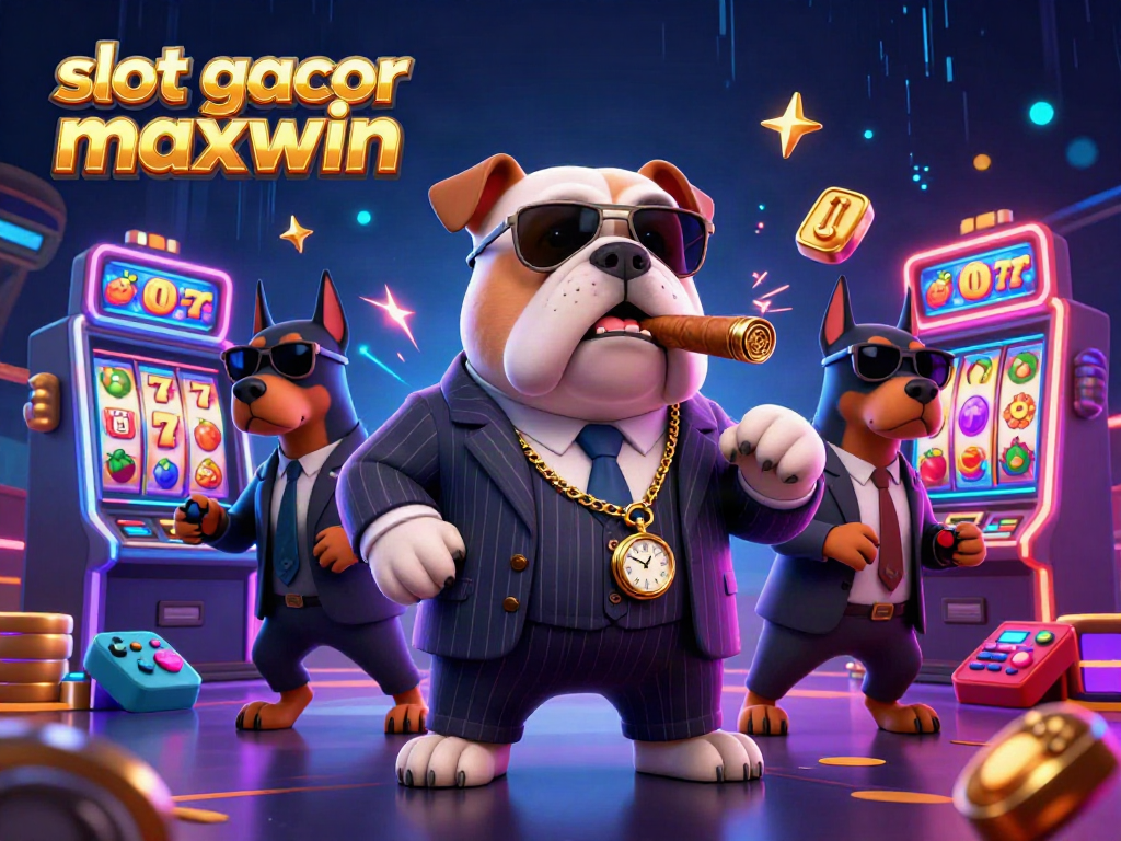 Slot gacor maxwin dalam ilustrasi 3D bergaya kartun dengan karakter kaya dan permainan mesin slot.