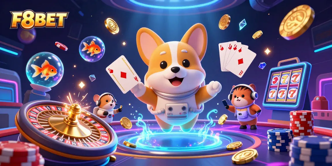 Experience thrilling gaming action with F8BET's dynamic space casino scene featuring an astronaut corgi.
