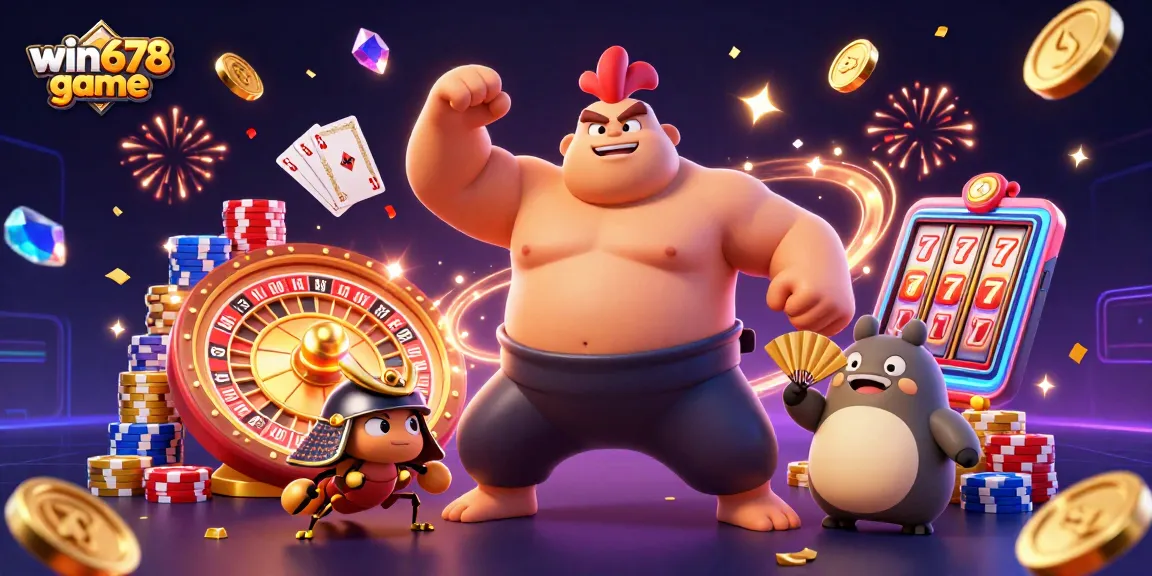 Win678 game spectacularly showcases a sumo wrestler rooster, cricket, and tanuki surrounded by casino elements.