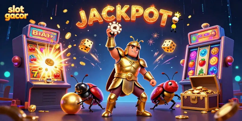 Experience slot gacor excitement with a victorious beetle and bursting jackpot elements in a vibrant casino scene.
